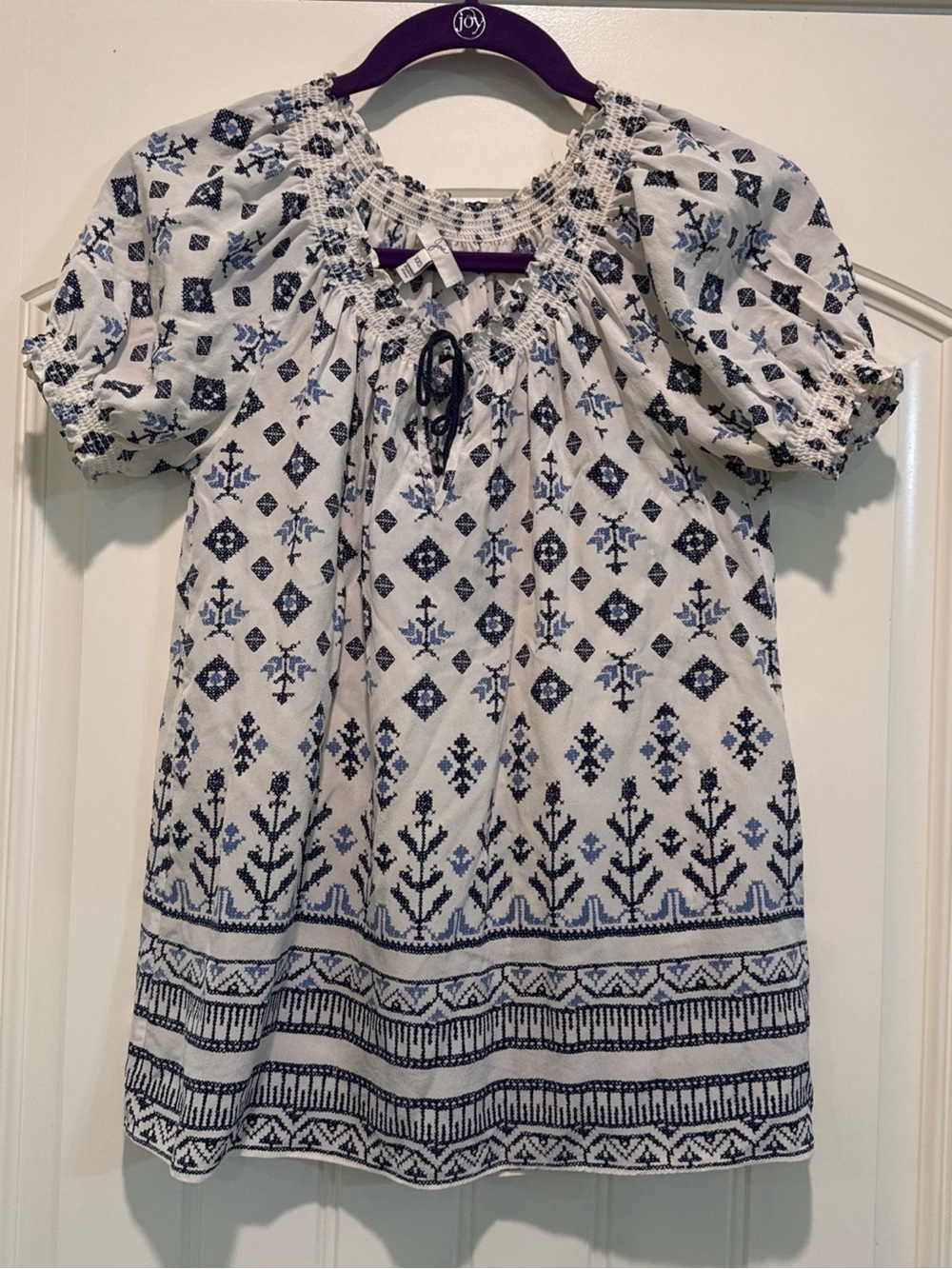 Joie White Silk Tunic with Navy Folk Print